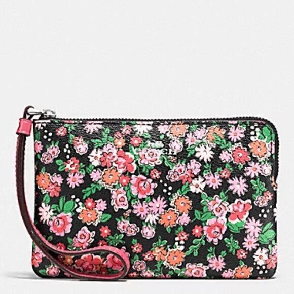 NWOT - Coach Black & Floral Corner Zip Wristlet/Wallet - Picture 1 of 11